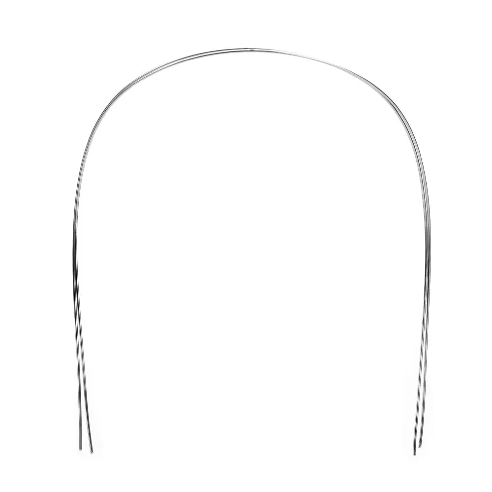 Arch Wire NiTi Reverse Curve True Form Round 0.018 Upper 2pcs/Pack: Shiny silver orthodontic wire with smooth curved shape for upper teeth alignment, showcasing flexibility and durability of NiTi material