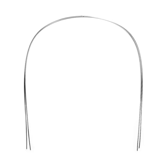 Arch Wire NiTi Reverse Curve True Form Round 0.018 Upper 2pcs/Pack: Shiny silver orthodontic wire with smooth curved shape for upper teeth alignment, showcasing flexibility and durability of NiTi material