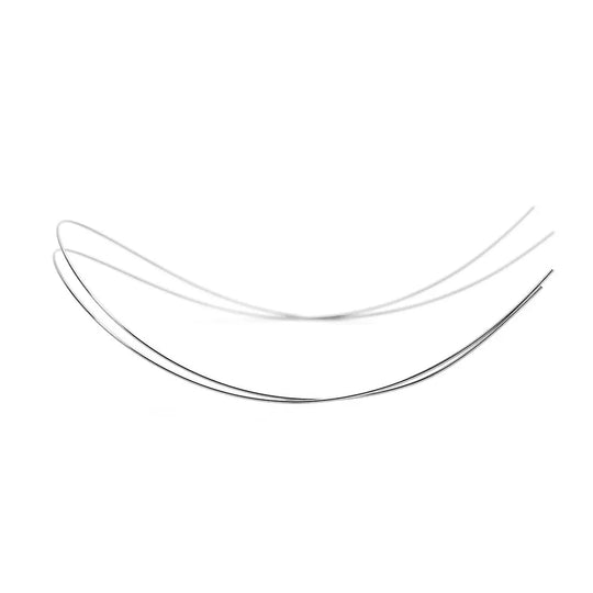 Arch Wire NiTi Reverse Curve True Form Round 0.018 Upper 2pcs/Pack: Two curved, thin metal wires shown against a white background. The wires have a smooth, shiny surface and display a gentle, upward-curving arch shape typical of dental orthodontic archwires.