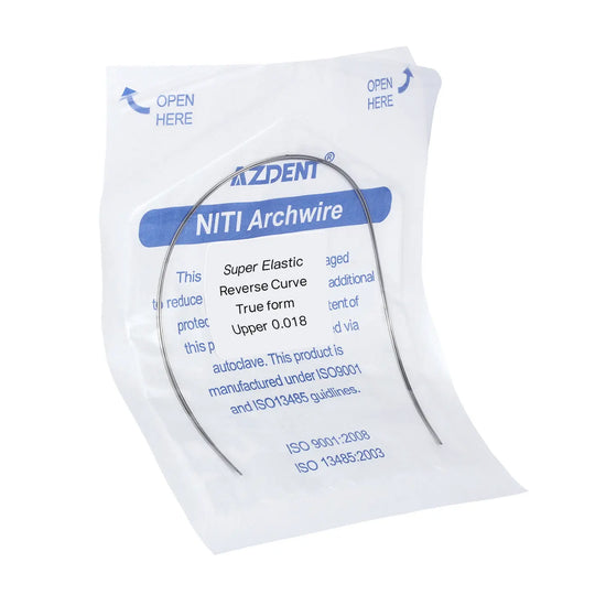 Arch Wire NiTi Reverse Curve True Form Round 0.018 Upper 2pcs/Pack: Curved dental archwire on packaging, showing AZDENT brand, NiTi material, reverse curve design, and 0.018 size for upper teeth. Product details and ISO certification visible.