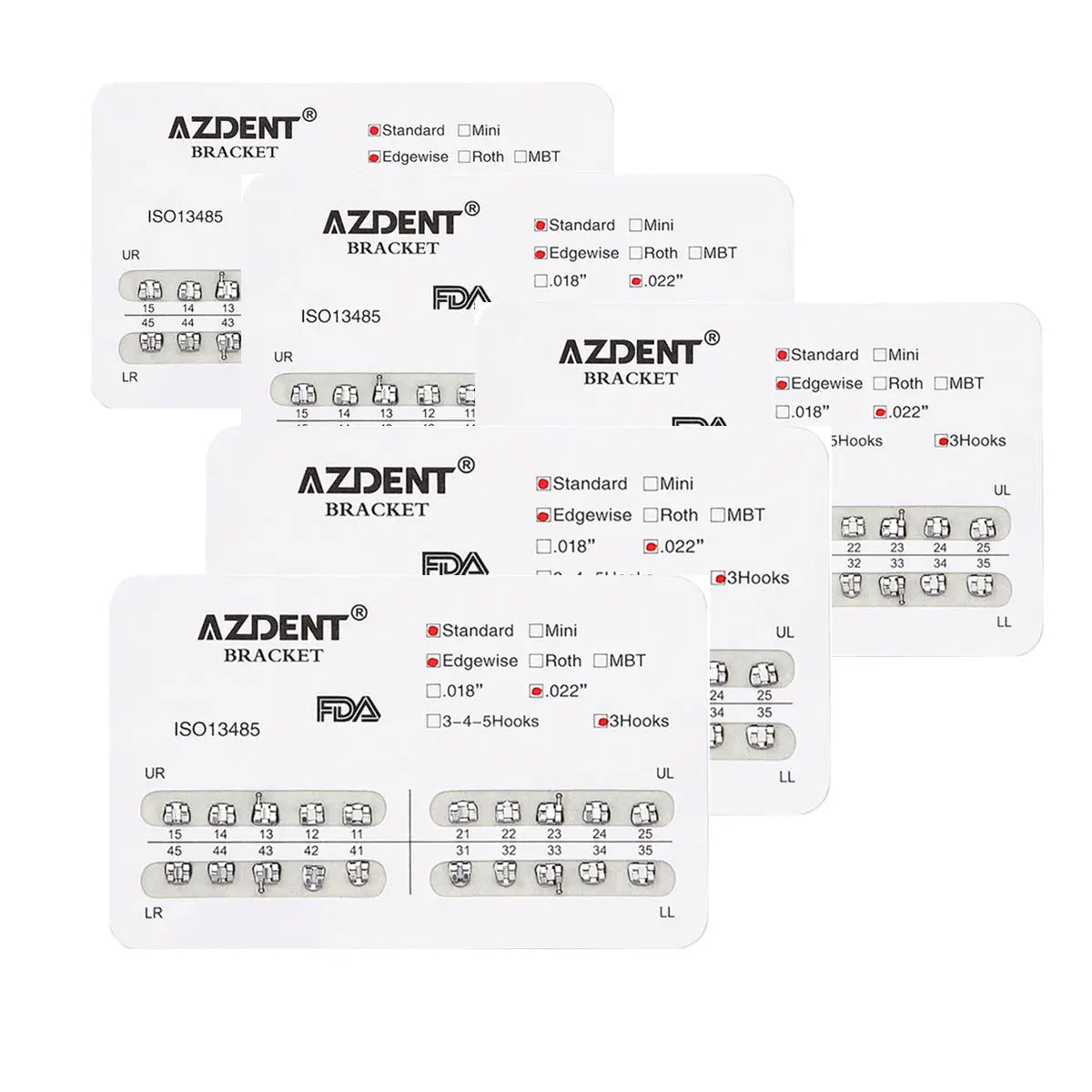 Dental Metal Brackets Standard Edgewise Slot .022 Hooks on 3 20pcs/Pack - AZDENT orthodontic brackets packaging showing multiple clear plastic trays with metal brackets arranged in rows, labeled with product specifications and FDA approval mark.