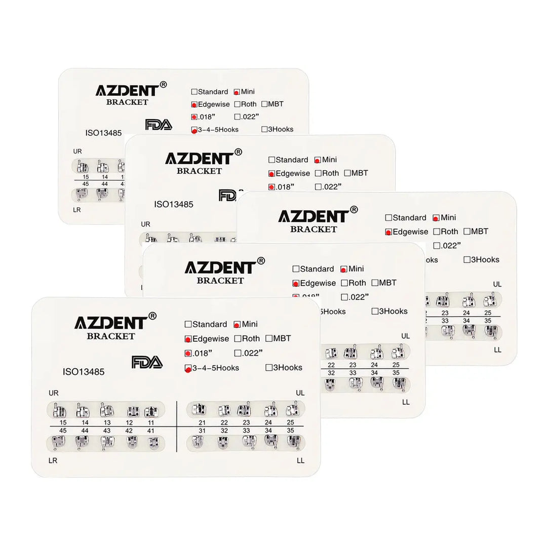 Dental Mini Metal Brackets For Braces Full Size 20pcs/Pack - AZDENT orthodontic brackets packaging with product specifications and diagrams showing bracket placement on teeth. Color-coded labels for different jaw quadrants visible on white background.