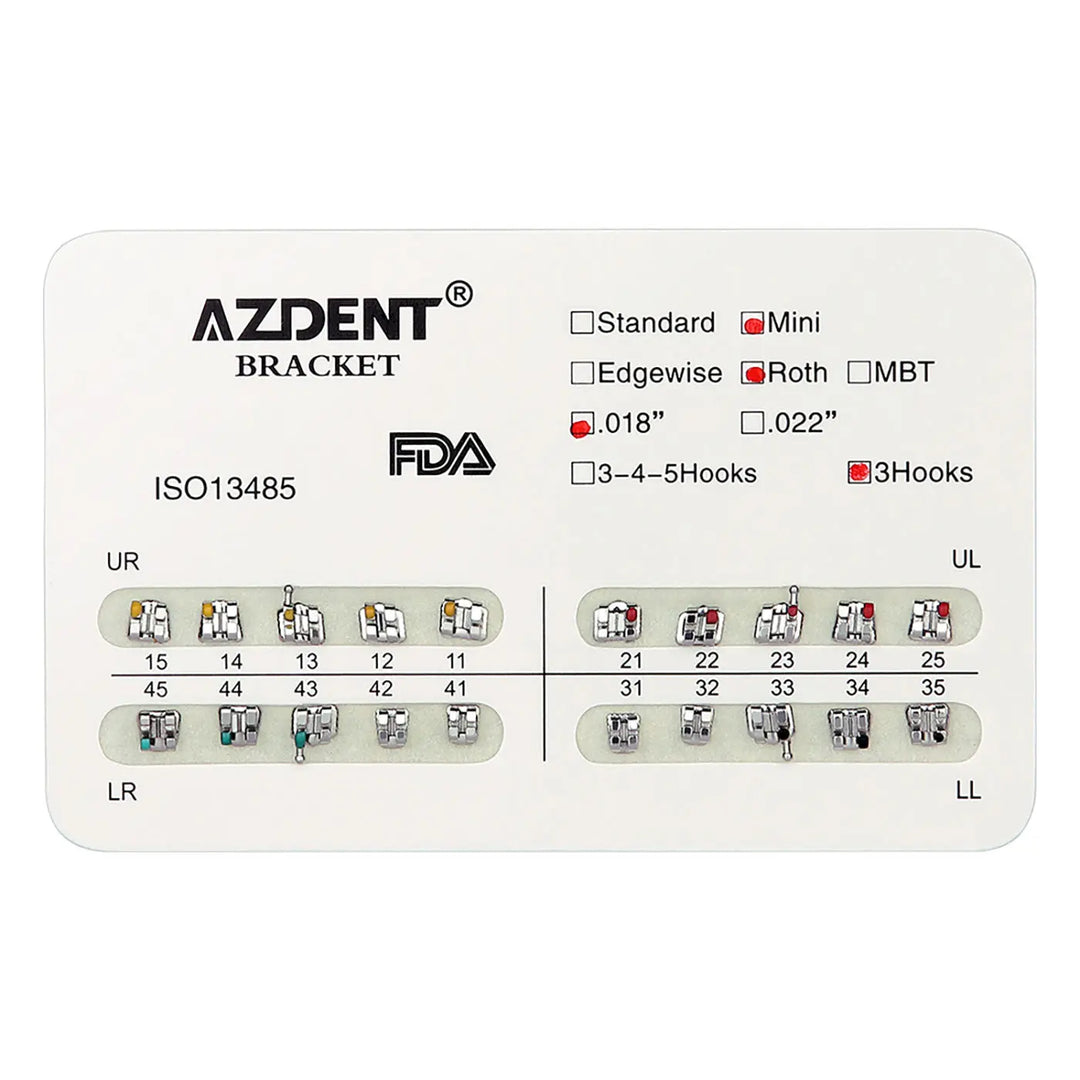 Dental Mini Metal Brackets For Braces Full Size 20pcs/Pack: AZDENT orthodontic bracket chart displaying mini, roth, 0.018", and 3 hooks options. Shows color-coded brackets for upper and lower teeth, numbered 31-35 and 41-45, with FDA and ISO certifications.