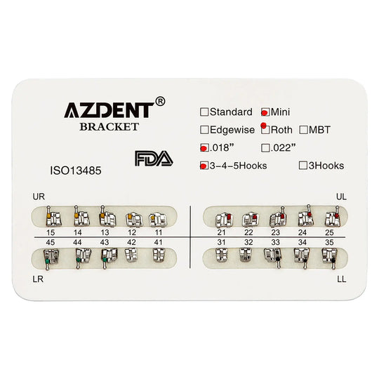 Dental Mini Metal Brackets For Braces Full Size 20pcs/Pack: AZDENT orthodontic bracket set displayed on white card, showing mini brackets for upper and lower teeth, color-coded by quadrant, with specifications and FDA approval indicated