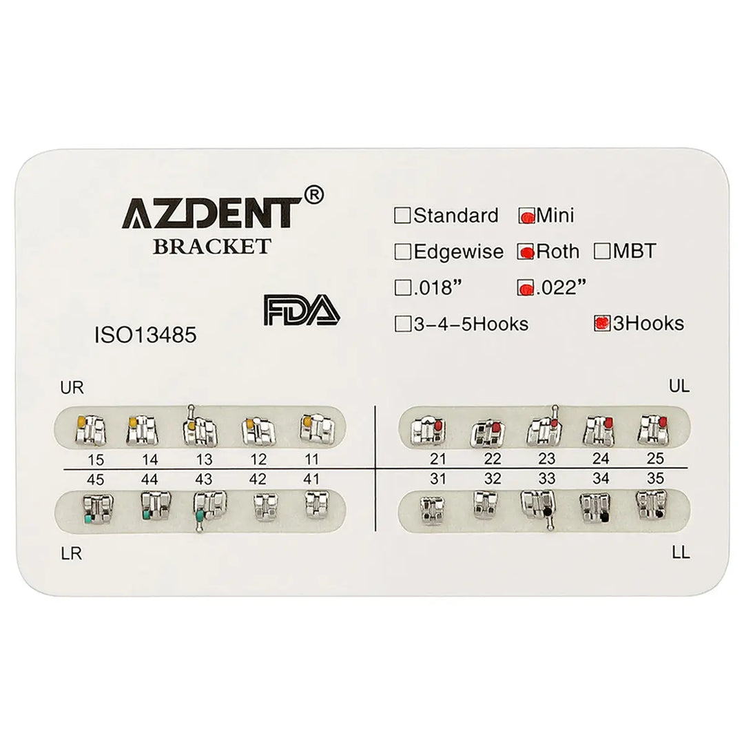 Dental Mini Metal Brackets For Braces Full Size 20pcs/Pack displayed on AZDENT bracket card with color-coded quadrants, showing Mini, Roth, 022", and 3Hooks options selected. FDA approved, ISO13485 certified orthodontic brackets for accurate placement and patient comfort.