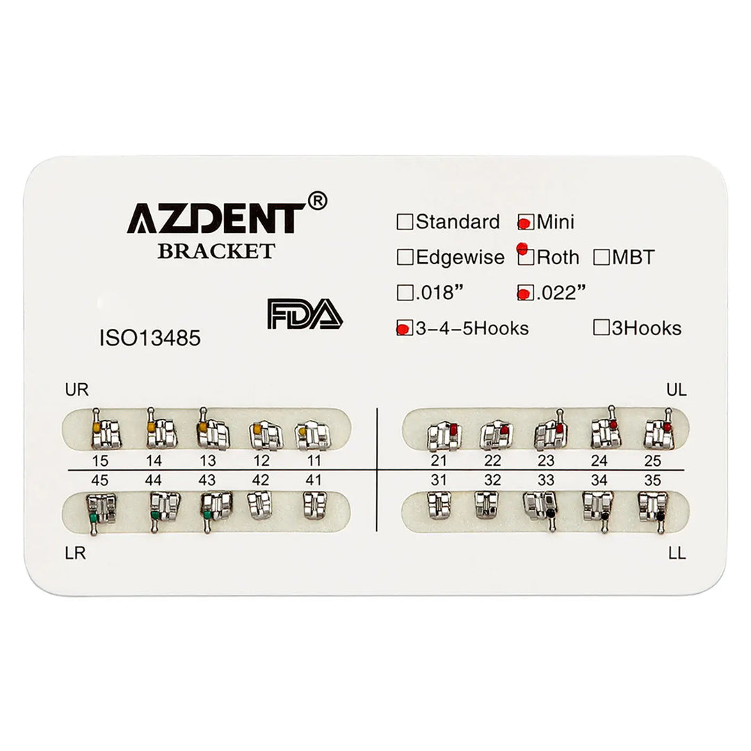 Dental Mini Metal Brackets For Braces Full Size 20pcs/Pack: AZDENT orthodontic bracket chart showing mini, 3-4-5Hooks, and .022" options. Color-coded quadrants with numbered teeth positions for accurate placement. FDA approved and ISO13485 certified dental product for braces.