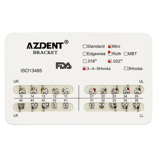 Dental Mini Metal Brackets For Braces Full Size 20pcs/Pack: AZDENT orthodontic bracket chart showing mini, 3-4-5Hooks, and .022" options. Color-coded quadrants with numbered teeth positions for accurate placement. FDA approved and ISO13485 certified dental product for braces.