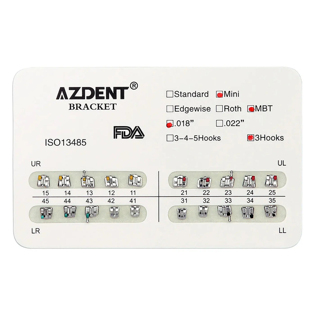 Dental Mini Metal Brackets For Braces Full Size 20pcs/Pack displayed on AZDENT product card showing mini brackets with 3 hooks, 0.018" size, and MBT type. Brackets arranged in quadrants with numbers 31-35, 41-45 visible, demonstrating color-coded system for easy identification and placement.