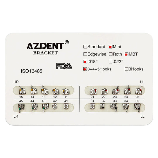 Dental Mini Metal Brackets For Braces Full Size 20pcs/Pack displayed on Azdent bracket chart showing mini, MBT, 0.018", and 3-4-5Hooks options selected. Chart includes color-coded quadrants for upper right, upper left, lower right, and lower left with numbered teeth positions.