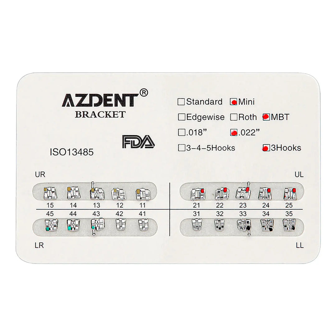 Dental Mini Metal Brackets For Braces Full Size 20pcs/Pack - AZDENT orthodontic bracket chart showing mini size, 022" slot, and 3 hooks options. FDA approved with tooth numbering for accurate placement of color-coded brackets in each quadrant.