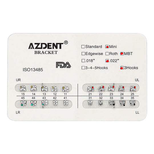 Dental Mini Metal Brackets For Braces Full Size 20pcs/Pack - AZDENT orthodontic bracket chart showing mini size, 022" slot, and 3 hooks options. FDA approved with tooth numbering for accurate placement of color-coded brackets in each quadrant.