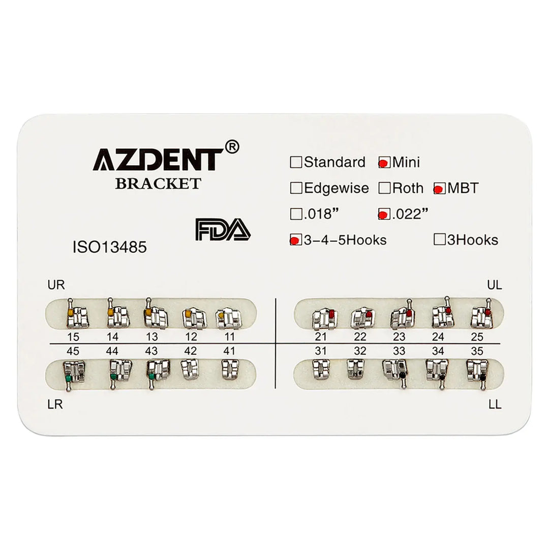 Dental Mini Metal Brackets For Braces Full Size 20pcs/Pack: AZDENT orthodontic bracket chart displaying mini size, 0.022 slot, 3-4-5 hooks options for upper and lower teeth. Color-coded quadrants with numbered positions for precise placement of braces.