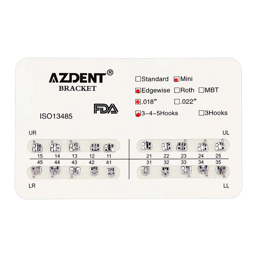 Dental Mini Metal Brackets For Braces Full Size 20pcs/Pack: Azdent bracket chart showing mini, edgewise, roth options with various sizes and hooks. FDA approved, ISO13485 certified. Displays upper and lower teeth numbering system for precise bracket placement.