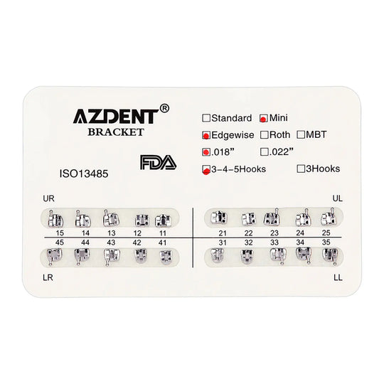 Dental Mini Metal Brackets For Braces Full Size 20pcs/Pack: Azdent bracket chart showing mini, edgewise, roth options with various sizes and hooks. FDA approved, ISO13485 certified. Displays upper and lower teeth numbering system for precise bracket placement.