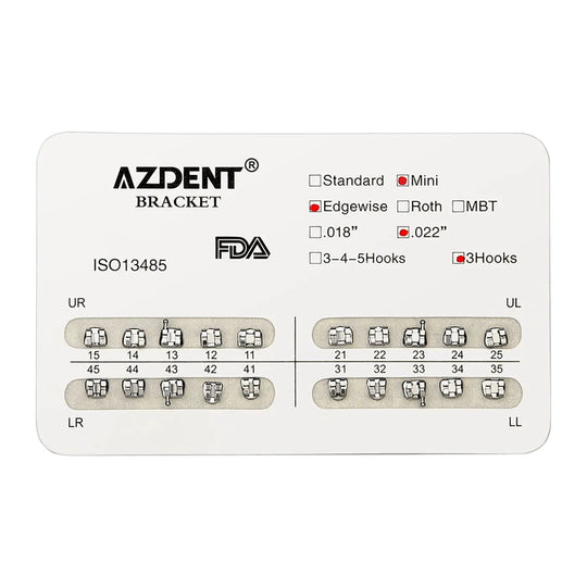 Dental Mini Metal Brackets For Braces Full Size 20pcs/Pack: Orthodontic bracket selection card showing AZDENT brand, FDA approved, ISO13485 certified. Displays mini, edgewise, 022, 3Hooks options with numbered bracket positions for upper and lower teeth alignment.