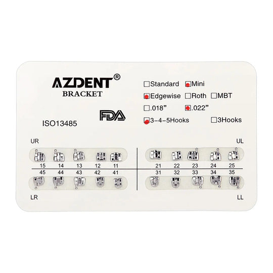 Dental Mini Metal Brackets For Braces Full Size 20pcs/Pack: Orthodontic bracket chart displaying AZDENT brand mini brackets with FDA approval. Chart shows various sizes and positions for upper and lower teeth, color-coded for easy identification and placement.