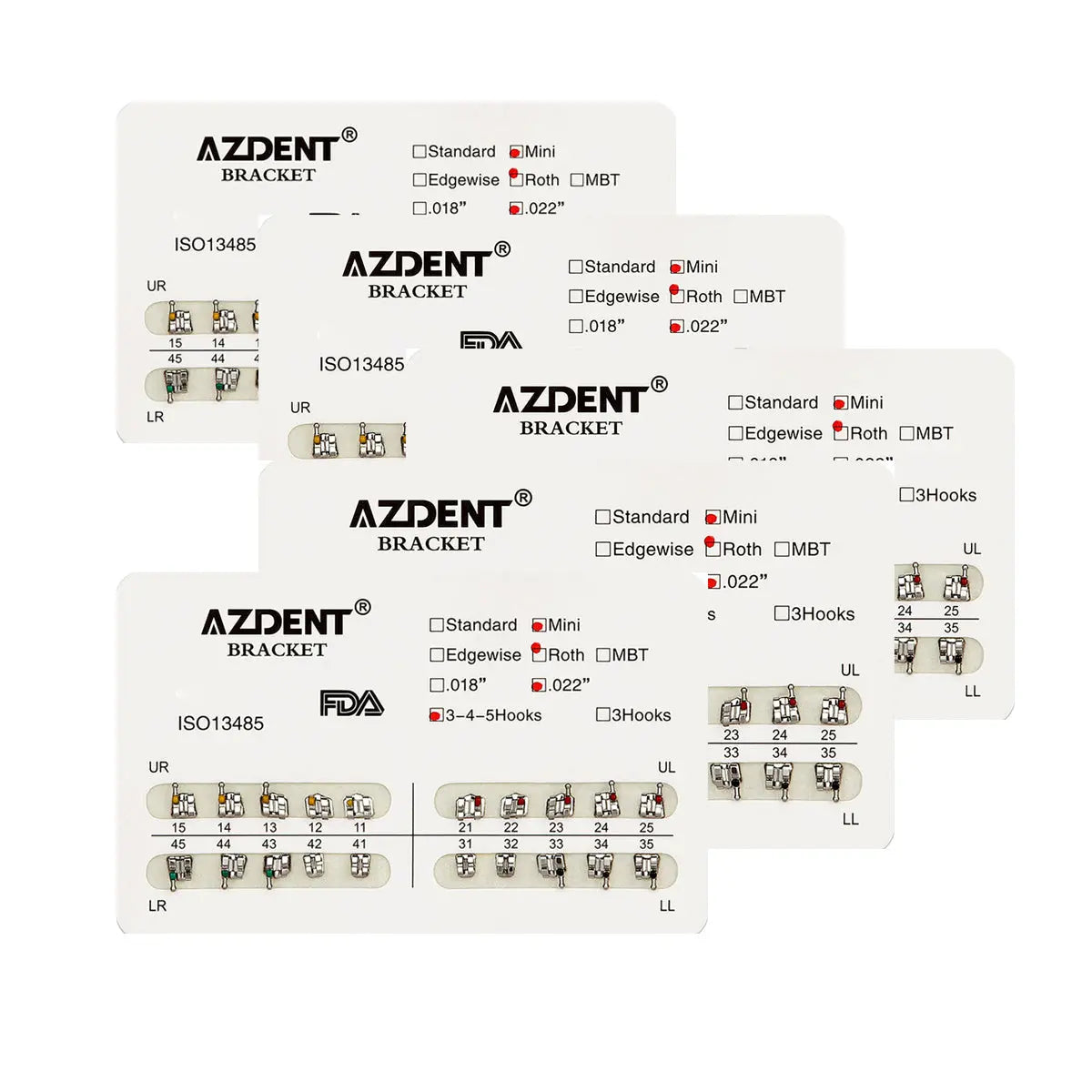 Dental Metal Brackets Mini Roth Slot .022 Hooks on 345 20pcs/Pack - AZDENT orthodontic brackets set with color-coded quadrants, shown in packaging with product specifications and FDA approval. Multiple sizes and types displayed for dental professionals.