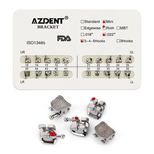 Dental Metal Brackets Mini Roth Slot .022 Hooks on 345 20pcs/Pack: AZDENT orthodontic brackets packaging with product details and close-up view of metal brackets featuring mesh base, hooks, and color-coded system for accurate placement in different quadrants.