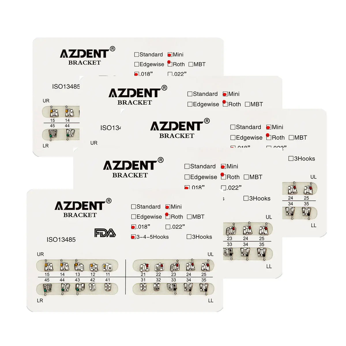 Dental Metal Brackets Mini Roth Slot .018 Hooks on 345 20pcs/Pack - AZDENT orthodontic brackets display showing various types and sizes. Multiple cards with product details and small metal brackets organized in rows, demonstrating different configurations for dental use.