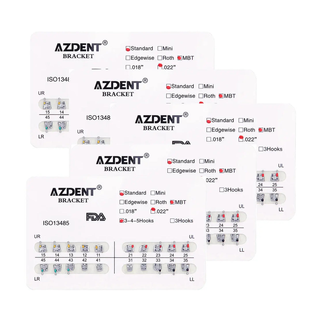 Dental Metal Brackets Standard MBT Slot .022 Hooks on 345 20pcs/Pack: AZDENT orthodontic brackets display showing various types and sizes, including Standard, Mini, Edgewise, Roth, and MBT options. Color-coded for easy identification, with detailed diagrams for upper and lower jaw placement.