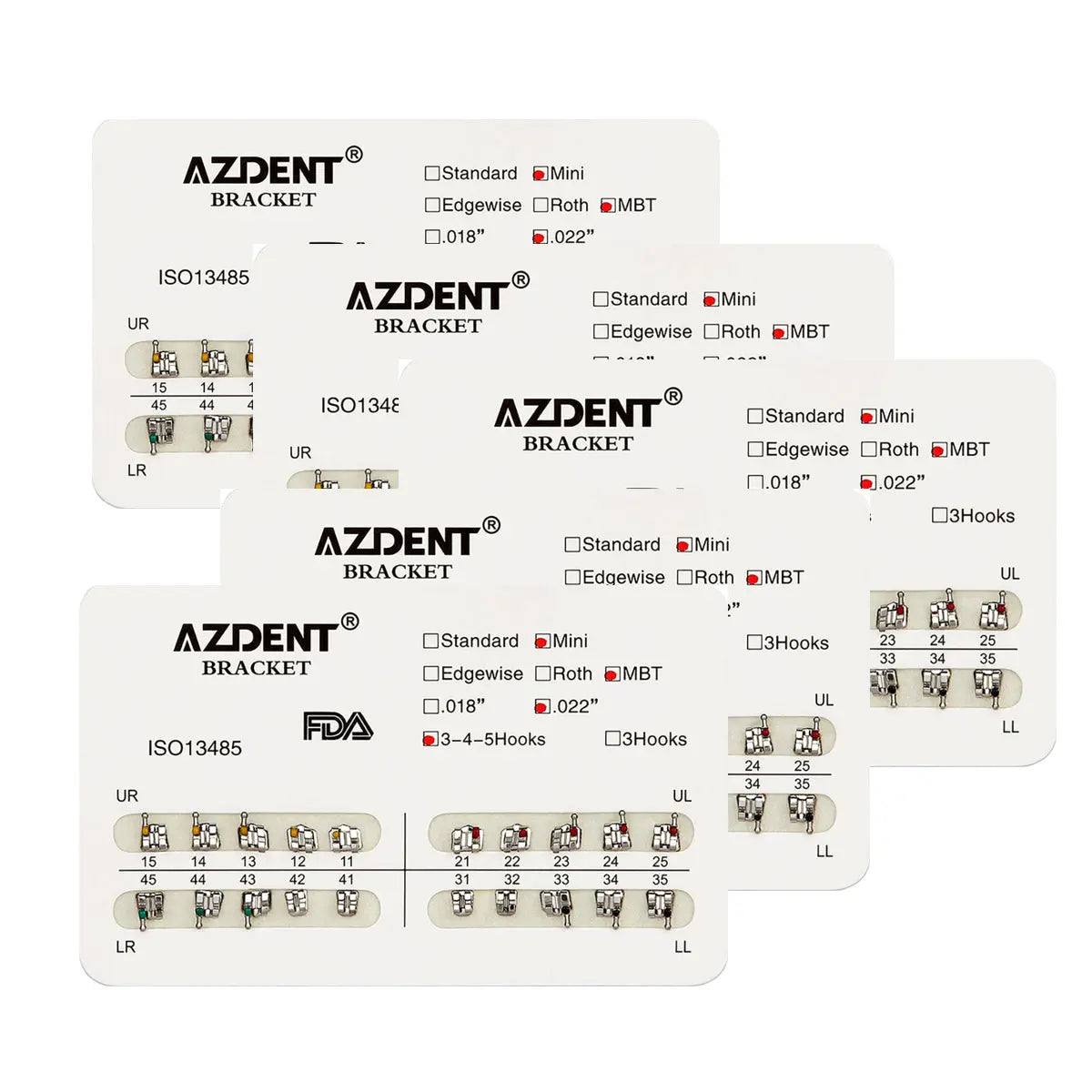 Dental Metal Brackets Mini MBT Slot .022 Hooks on 345 20pcs/Pack - AZDENT orthodontic brackets in various sizes and configurations, displayed on white packaging cards with product details and FDA approval label, for precise teeth alignment and comfortable wear.