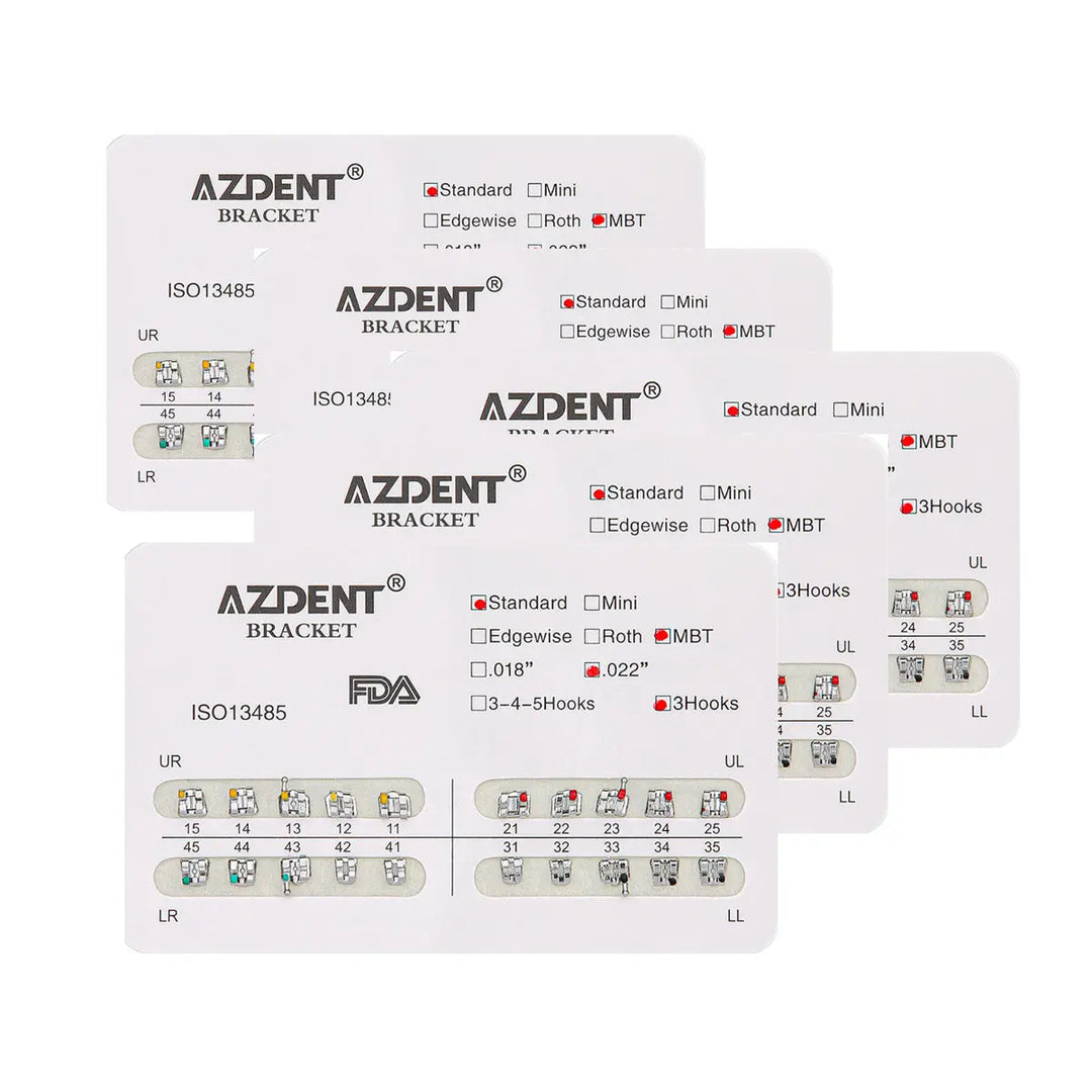 Dental Metal Brackets Standard MBT Slot .022 Hooks on 3 20pcs/Pack displayed on product cards showing AZDENT brand orthodontic brackets with various configurations, hooks, and slot sizes for different dental applications