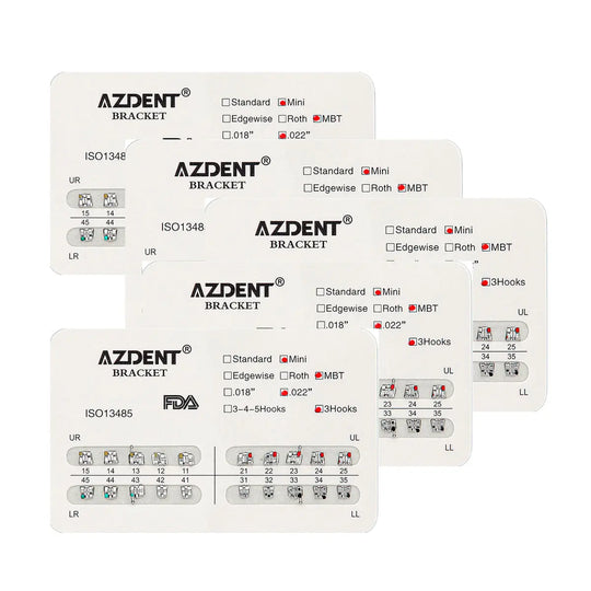 Dental Metal Brackets Mini MBT Slot .022 Hooks on 3 20pcs/Pack: AZDENT orthodontic bracket cards displaying various types and configurations of dental brackets with hooks, including standard, mini, and MBT options for orthodontic treatment.