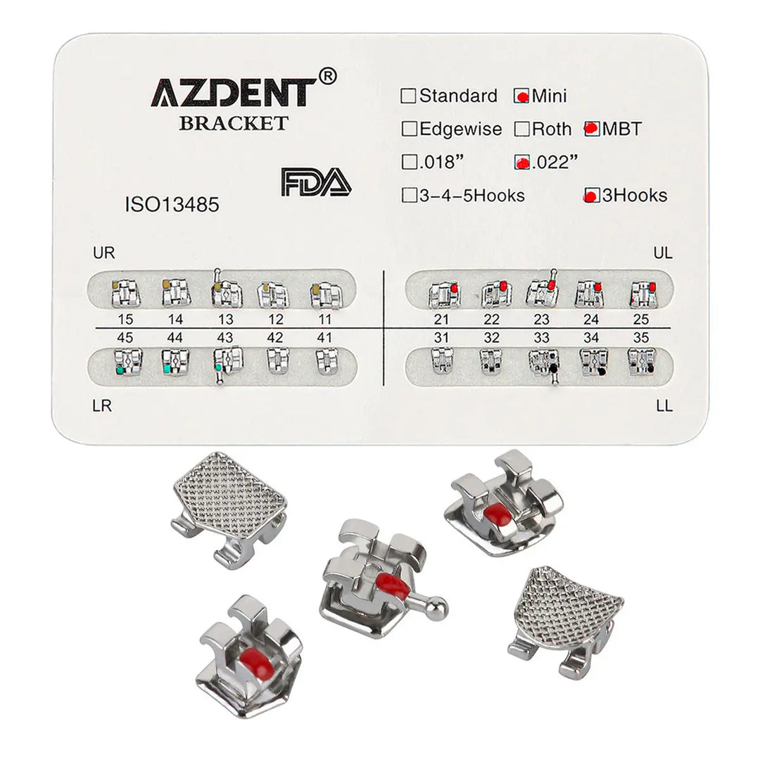 Dental Metal Brackets Mini MBT Slot .022 Hooks on 3 20pcs/Pack: Product chart showing bracket types and configurations, with close-up images of metal orthodontic brackets featuring mesh bases and red markers for MBT system identification.