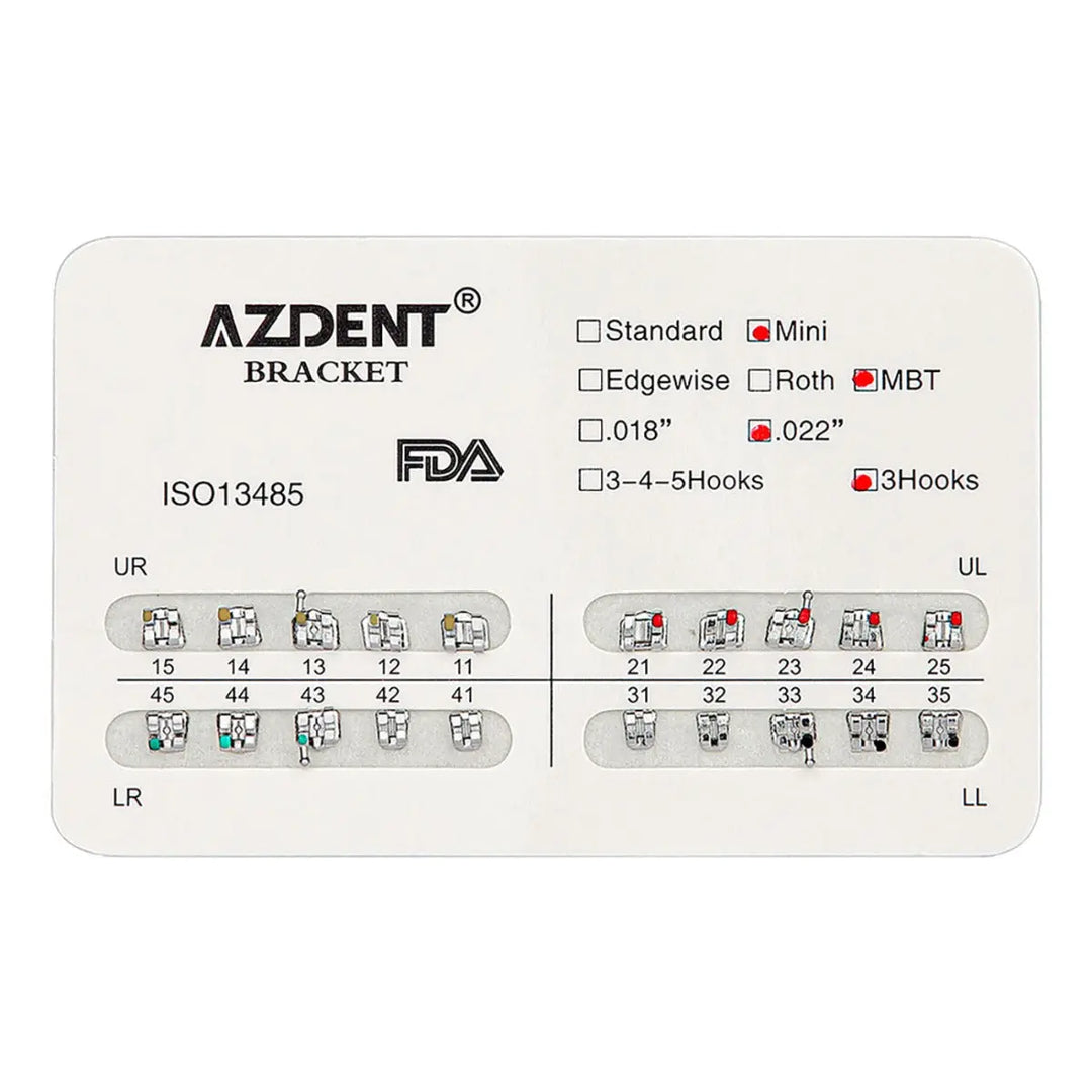 Dental Metal Brackets Mini MBT Slot .022 Hooks on 3 20pcs/Pack - AZDENT bracket product card showing specifications for Mini, MBT, .022" slot, and 3Hooks options. Displays tooth numbering system for upper and lower arches with bracket placement guides.