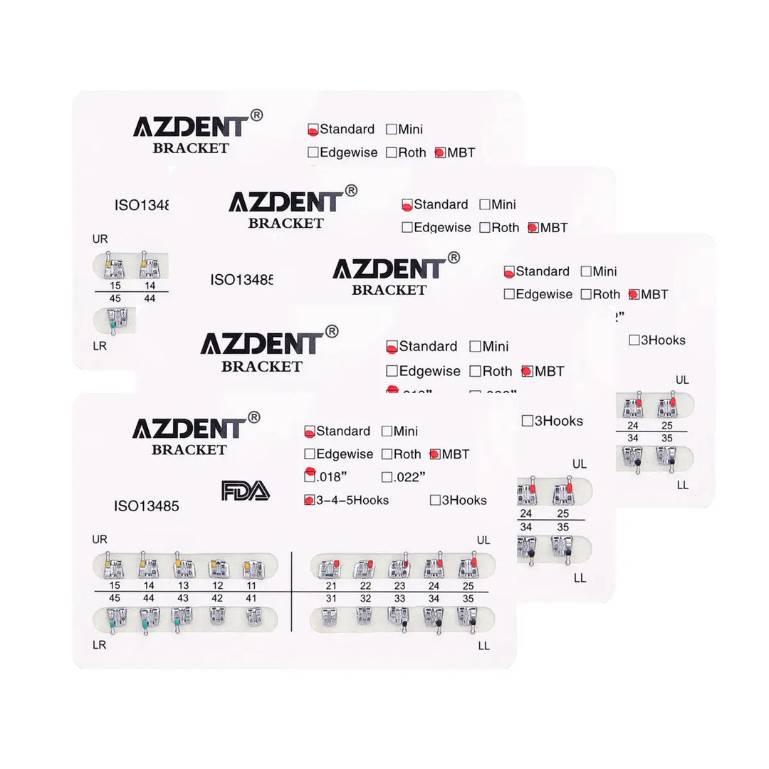 AZDENT Dental Metal Brackets Standard MBT Slot .018 Hooks on 345 20pcs/Pack displayed on product information sheet with various bracket options, specifications, and diagrams showing placement on teeth for orthodontic treatment