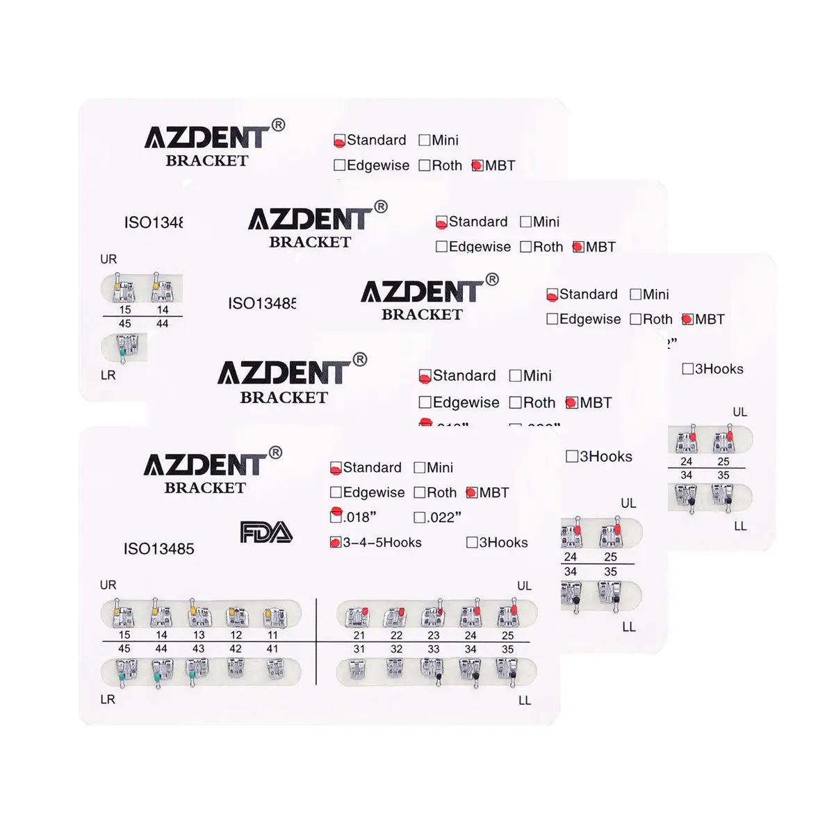 AZDENT Dental Metal Brackets Standard MBT Slot .018 Hooks on 345 20pcs/Pack displayed on product information sheet with various bracket options, specifications, and diagrams showing placement on teeth for orthodontic treatment