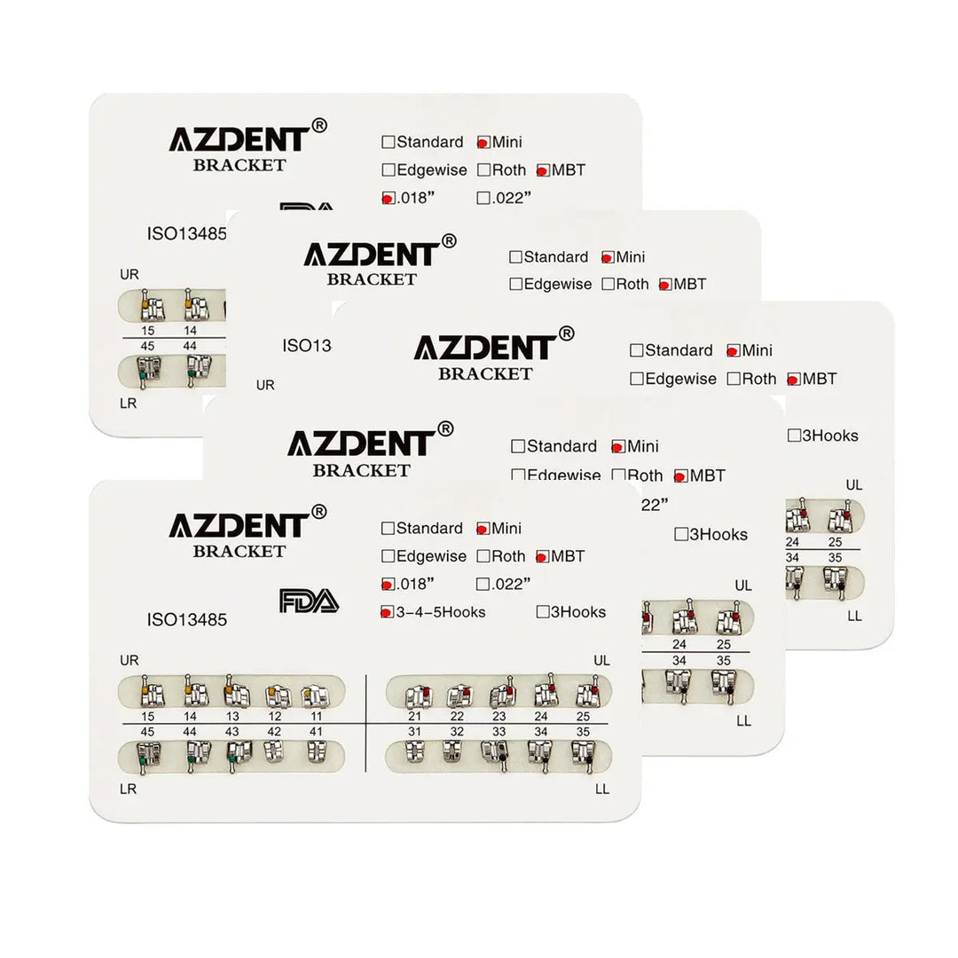 Dental Metal Brackets Mini MBT Slot .018 Hooks on 345 20pcs/Pack: AZDENT orthodontic bracket sets displayed on white cards, showing various sizes and configurations for dental use, with labeled options for standard, mini, and MBT styles