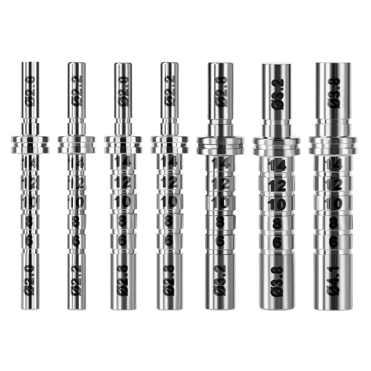 Dental Implant Depth Gauge Pin Stainless Steel Double Head 1pc/Pack, set of seven metal pins with various markings and measurements, used for precise depth gauging in dental implant procedures, showcasing durability and precision in dental tools.