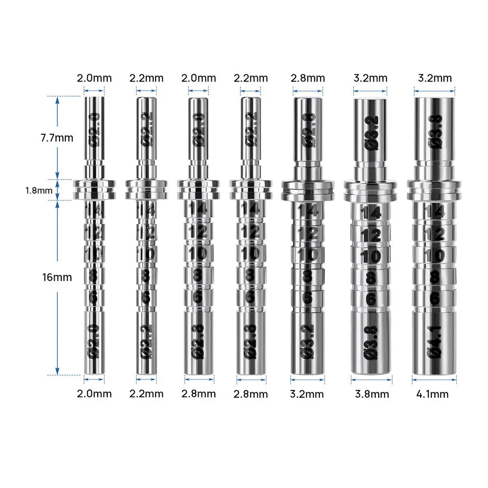 Dental Implant Depth Gauge Pin Stainless Steel Double Head 1pc/Pack shown in various sizes ranging from 2.0mm to 4.1mm diameter. Seven cylindrical pins with measurements labeled, displaying precise increments for accurate dental implant depth gauging.