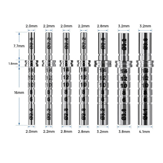 Dental Implant Depth Gauge Pin Stainless Steel Double Head 1pc/Pack shown in various sizes ranging from 2.0mm to 4.1mm diameter. Seven cylindrical pins with measurements labeled, displaying precise increments for accurate dental implant depth gauging.