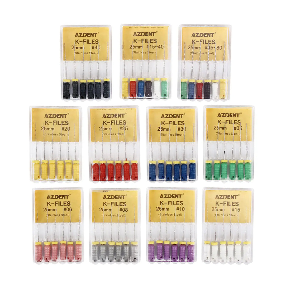 Dental Hand K-Files Stainless Steel 25mm #15-80 6p/Pk 9 Color sets displayed in clear plastic packages. Each set contains six color-coded files with varying sizes, organized in rows. The packages are labeled with the AZDENT brand and file specifications.