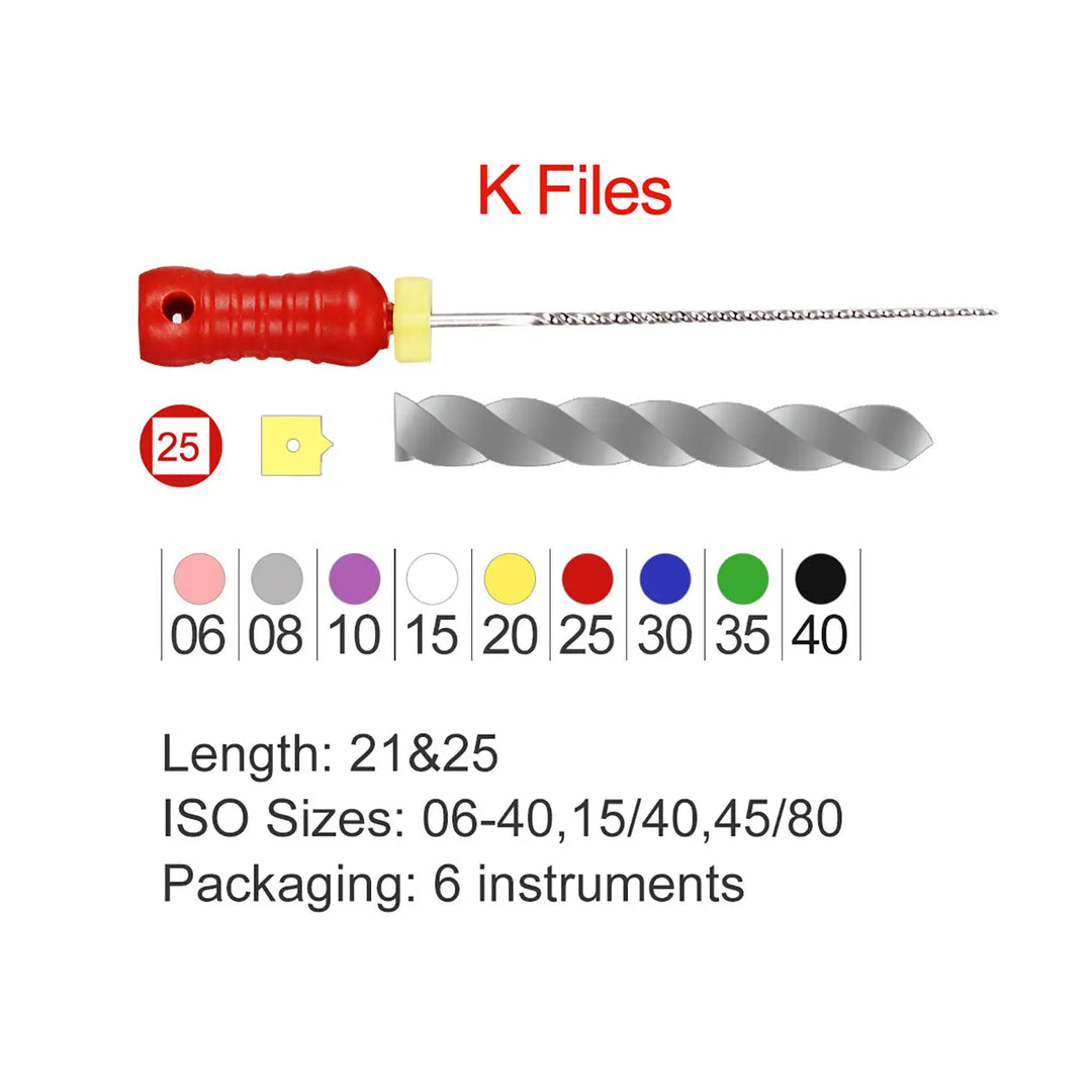 Dental Hand K-Files Stainless Steel 25mm #15-80 6p/Pk 9 Color: Image showing K-file components, sizes, and color-coding. Red handle, stainless steel spiral file, size indicator, and color chart for different ISO sizes. Product details include length, size range, and packaging information.