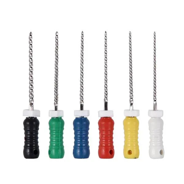 Dental Hand K-Files Stainless Steel 25mm #15-80 6p/Pk 9 Color set displayed with six colored handles and metal file tips, showcasing various sizes and colors for dental procedures