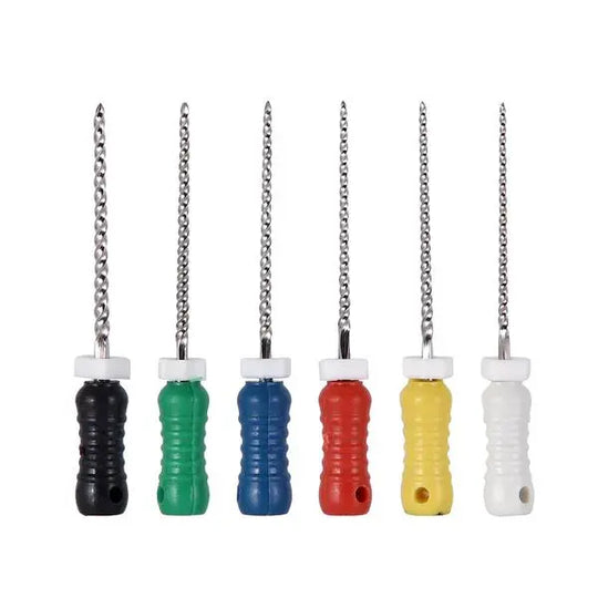 Dental Hand K-Files Stainless Steel 25mm #15-80 6p/Pk 9 Color set displayed with six colored handles and metal file tips, showcasing various sizes and colors for dental procedures