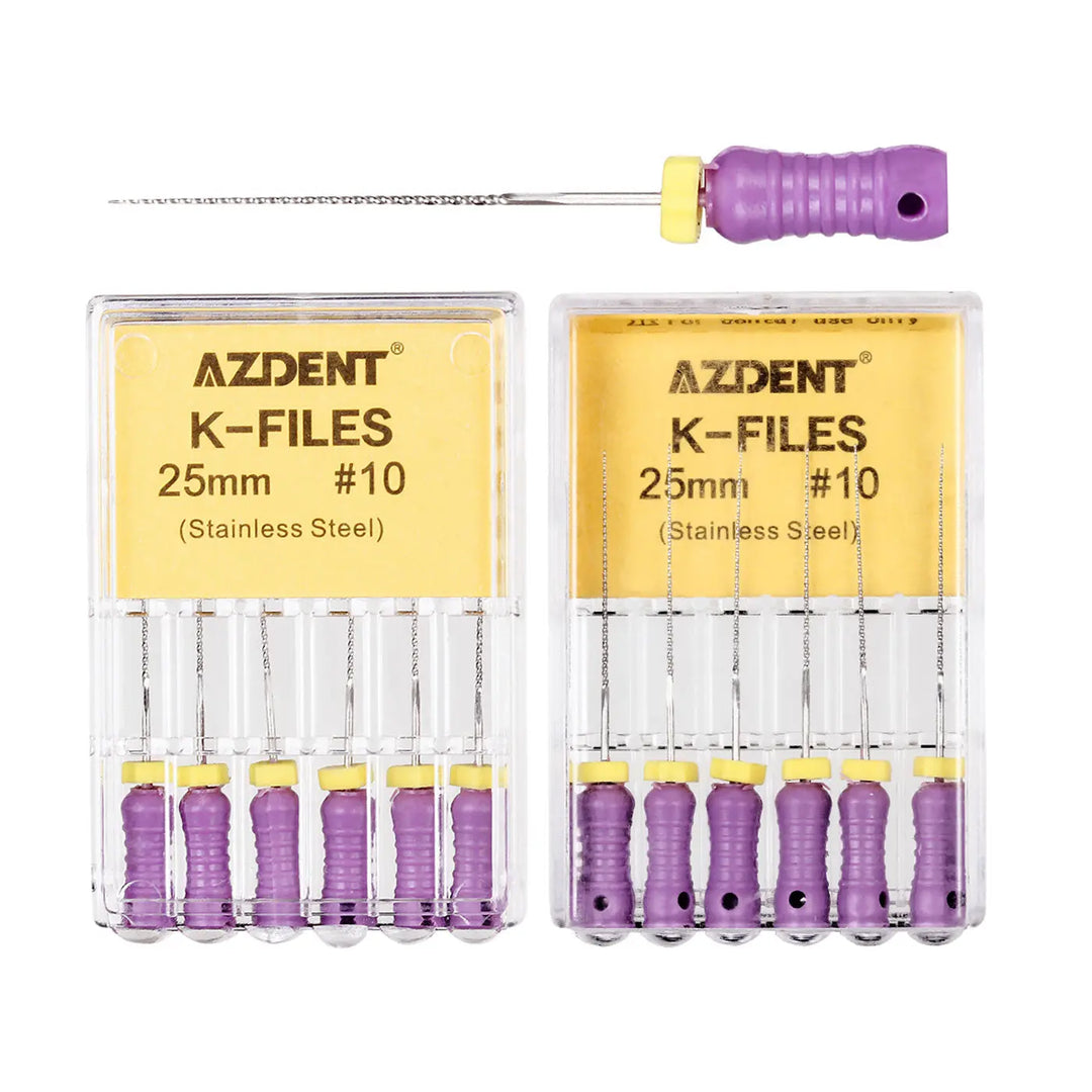 Dental Hand K-Files Stainless Steel 25mm #15-80 6p/Pk 9 Color: Two packs of AZDENT K-Files 25mm #10, featuring stainless steel instruments with purple handles. Single file displayed above, showcasing the metal shaft and ergonomic grip. Essential dental tools for root canal procedures.