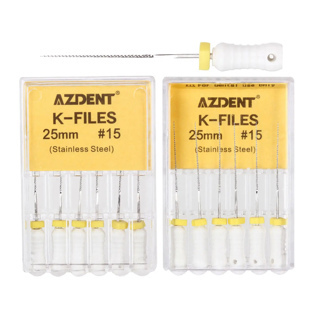 Dental Hand K-Files Stainless Steel 25mm #15-80 6p/Pk 9 Color: AZDENT K-Files 25mm #15 stainless steel dental files in yellow packaging, two sets of six files each displayed with white handles and yellow stoppers, alongside a single file tool with white handle