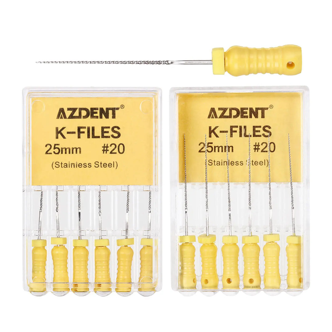 Dental Hand K-Files Stainless Steel 25mm #15-80 6p/Pk 9 Color: Two packs of AZDENT yellow-handled K-Files, 25mm #20, displayed with individual files visible in clear packaging. Single file shown separately above, demonstrating the stainless steel shaft and yellow plastic handle.