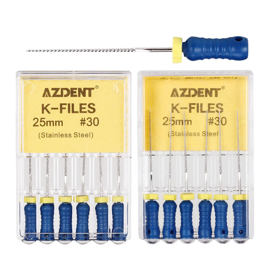 Dental Hand K-Files Stainless Steel 25mm #15-80 6p/Pk 9 Color: Two packs of AZDENT K-Files 25mm #30, displaying six stainless steel files with blue handles in each pack, alongside a single file with blue handle and yellow stopper