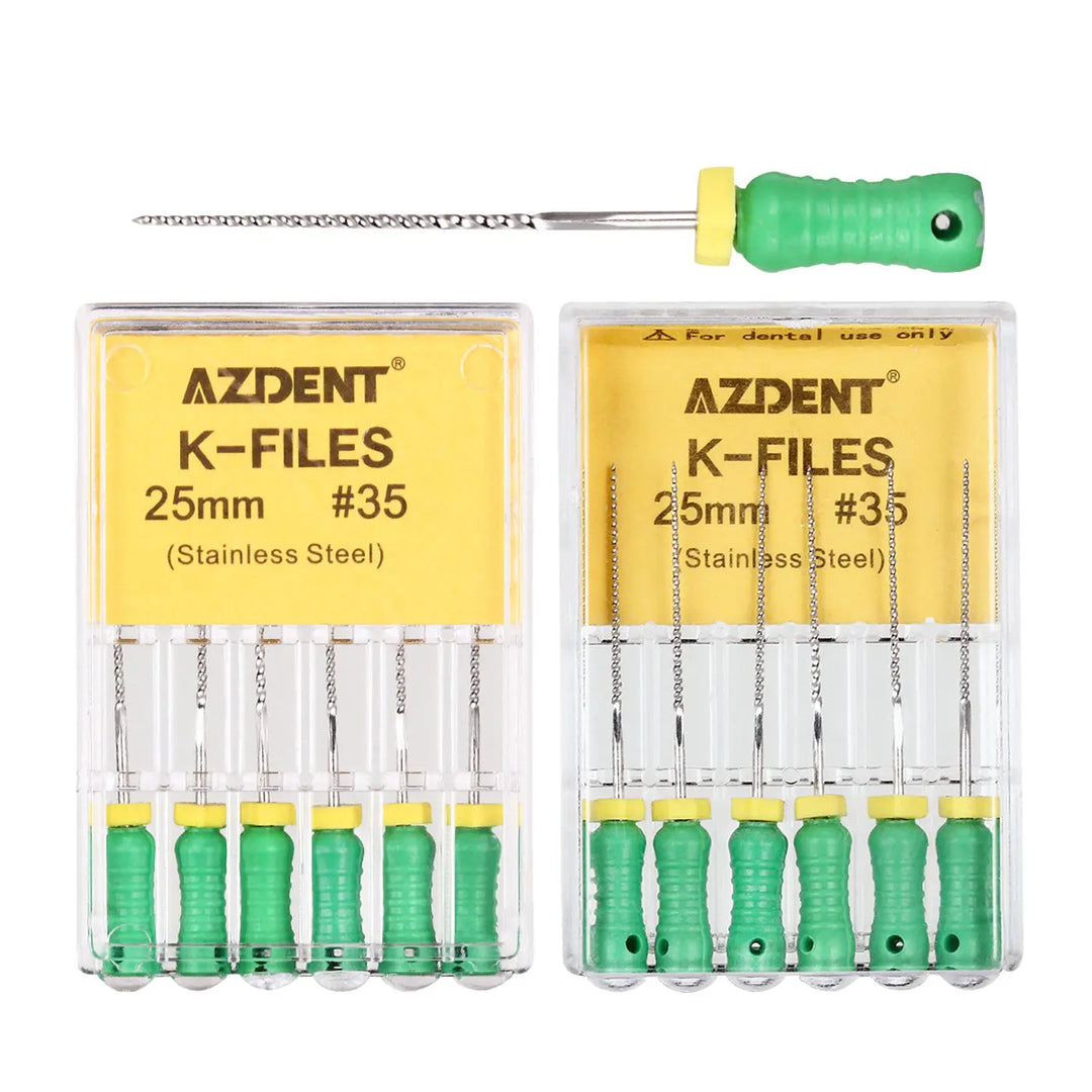 Dental Hand K-Files Stainless Steel 25mm #15-80 6p/Pk 9 Color: Two packs of AZDENT K-Files 25mm #35, stainless steel dental instruments with green handles, displayed alongside a single file with yellow stopper. Professional dental tools for root canal procedures.