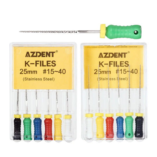 Dental Hand K-Files Stainless Steel 25mm #15-80 6p/Pk 9 Color: Two packs of AZDENT K-Files 25mm #15-40 displayed with colorful handles. One file with green handle shown separately. Stainless steel files visible in clear plastic packaging.