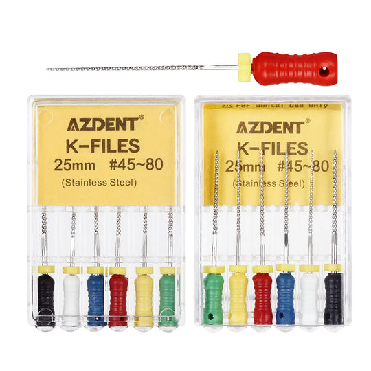 Dental Hand K-Files Stainless Steel 25mm #15-80 6p/Pk 9 Color: Two packs of AZDENT K-Files with color-coded handles, sizes 45-80, displayed alongside a single red-handled file. Stainless steel instruments for dental procedures, organized in clear plastic cases.