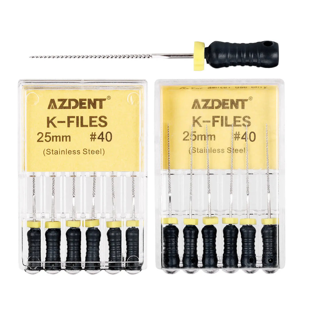 Dental Hand K-Files Stainless Steel 25mm #15-80 6p/Pk 9 Color: Two packs of AZDENT K-Files 25mm #40, each containing six stainless steel dental files with black handles. A single K-file with yellow handle shown separately above the packs.