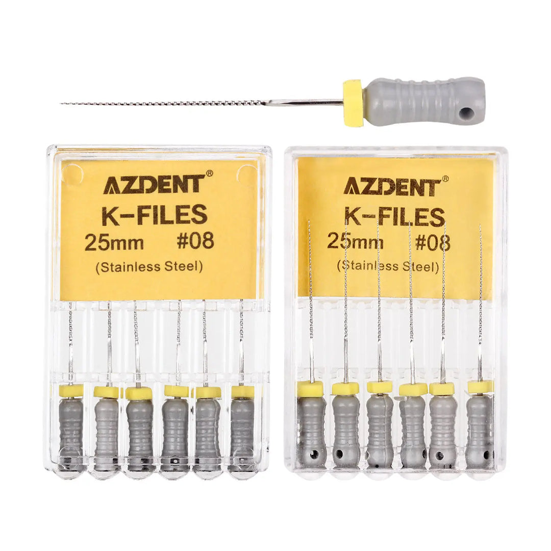 Dental Hand K-Files Stainless Steel 25mm #15-80 6p/Pk 9 Color: Two clear plastic cases containing sets of six stainless steel dental K-files each, labeled AZDENT K-FILES 25mm #08, with a single K-file tool shown above featuring a gray handle and yellow stopper.