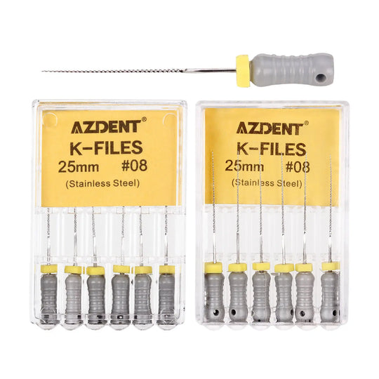 Dental Hand K-Files Stainless Steel 25mm #15-80 6p/Pk 9 Color: Two clear plastic cases containing sets of six stainless steel dental K-files each, labeled AZDENT K-FILES 25mm #08, with a single K-file tool shown above featuring a gray handle and yellow stopper.