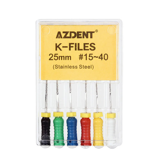 Dental Hand K-Files Stainless Steel 25mm #15-80 6p/Pk 9 Color: AZDENT K-Files set in clear plastic case, featuring 25mm stainless steel files #15-40, with color-coded handles in yellow, green, blue, red, and black, displayed against a bright yellow label.